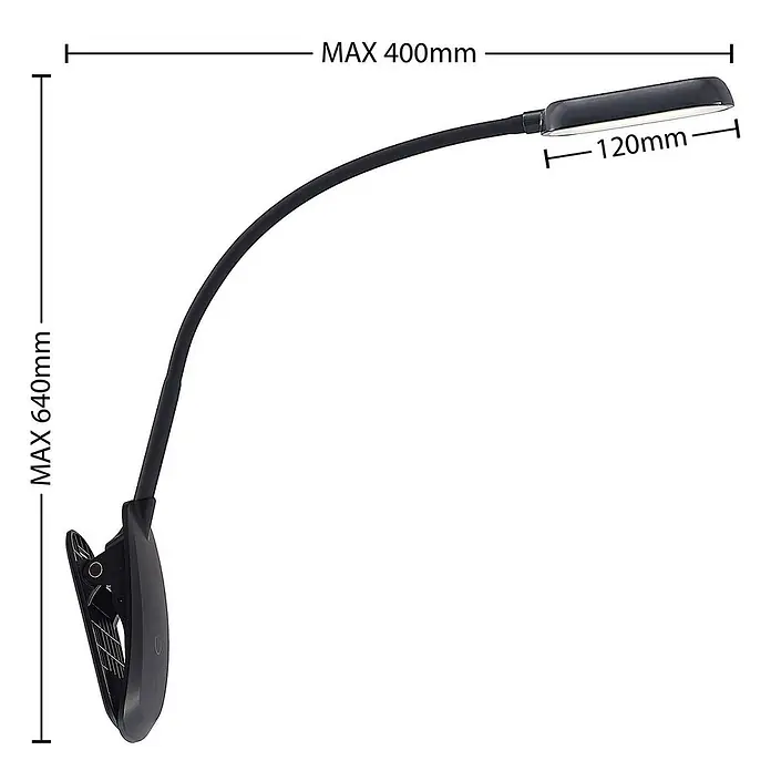 Prios Klemmleuchte Najari - Farbe Gehäuse: schwarz - Schwarze Klemm-LED-Leuchte mit flexiblem Schwanenhals, 120mm Leuchtkopf, max. 640mm Höhe und 400mm Reichweite, für verstellbares Licht.