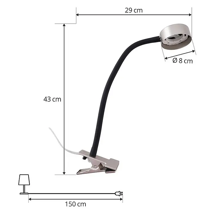 Lindby Klemmleuchte Jyla - L x B x H: 30 x 8 x 25 cm, Farbe Gehäuse: alu / grau / zink - Silberne Klemmleuchte mit schwarzem Flexarm und verstellbarem Kopf, Maße und 150 cm Netzkabel.