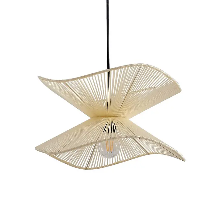 Lindby Außenwand- & Deckenleuchte Valdorin - creme / amber, IP44 - Beige Schnur-Pendelleuchte mit wellenförmigen Fächerschirmen und sichtbarer Glühbirne.