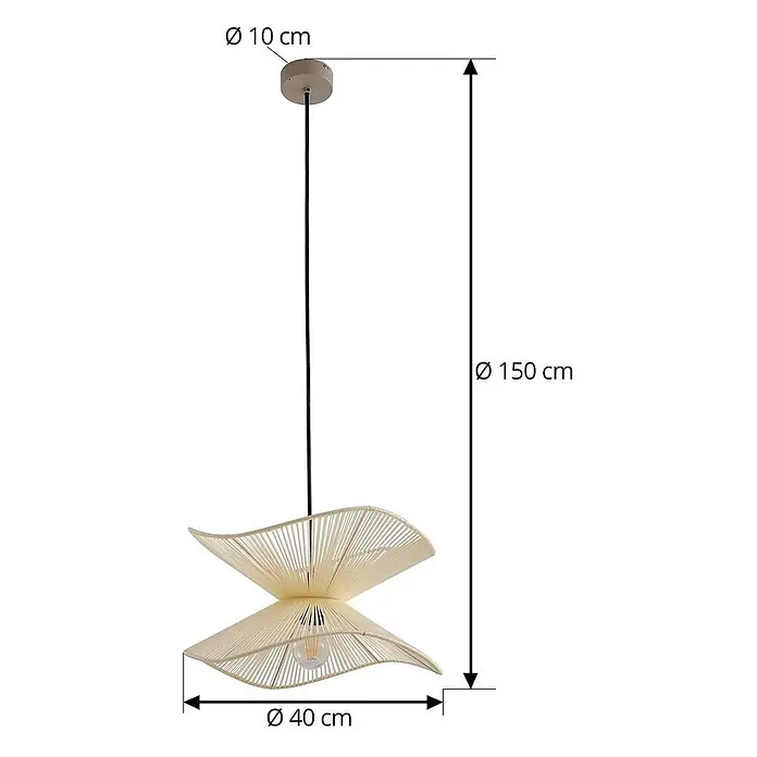 Lindby Außenwand- & Deckenleuchte Valdorin - creme / amber, IP44 - Beige Schnur-Pendelleuchte mit sanduhrförmigem Schirm. Gesamthöhe 150cm, Schirmdurchmesser 40cm.