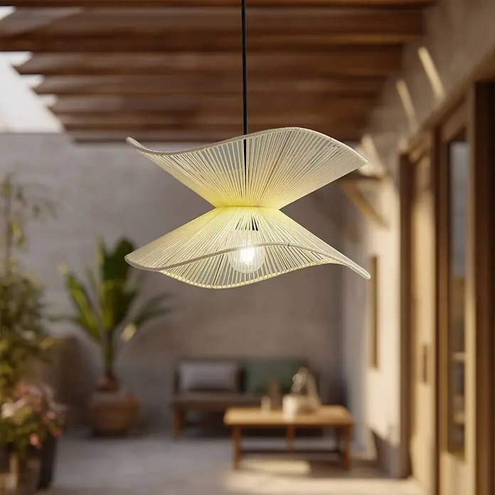 Lindby Außenwand- & Deckenleuchte Valdorin - creme / amber, IP44 - Hellfarbene Schnur-Pendelleuchte in welliger Sanduhrform, hängend auf einer Terrasse.