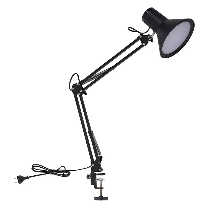 Lindby Klemmleuchte Undra - Farbe Gehäuse: schwarz - Schwarze Schreibtischlampe mit verstellbarem Arm, Federn, Klemmfuß und weißem Diffusor im Schirm.