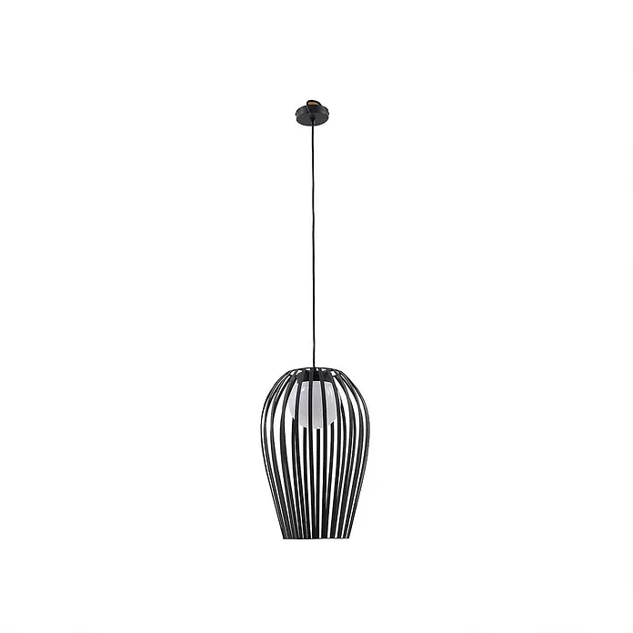 Lucande Außenwand- & Deckenleuchte Marrin - schwarz, IP44 - Schwarze Hängelampe aus Metall mit Lamellenschirm und einer weißen Glühbirne.