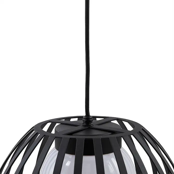 Lucande Außenwand- & Deckenleuchte Marrin - schwarz, IP44 - Schwarze Pendelleuchte mit Metallkäfig und weißem Kugeldiffusor, an schwarzem Kabel.