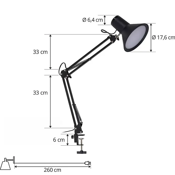 Lindby Klemmleuchte Undra - Farbe Gehäuse: schwarz - Schwarze, verstellbare Schreibtischlampe mit Federarm und Klemmfuß.
