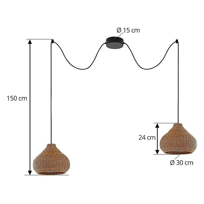 Lucande Außenwand- & Deckenleuchte Taniola - L x B x H: 100 x 30 x 24 cm, Holz hell, IP44 - Zwei braune geflochtene Pendelleuchten hängen an wellenförmigen schwarzen Kabeln von einer schwarzen Deckenplatte.