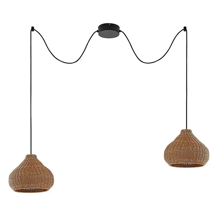 Lucande Außenwand- & Deckenleuchte Taniola - L x B x H: 100 x 30 x 24 cm, Holz hell, IP44 - Doppelhängeleuchte mit schwarzer Deckenhalterung und Kabeln, mit zwei braunen Rattan-Lampenschirmen.