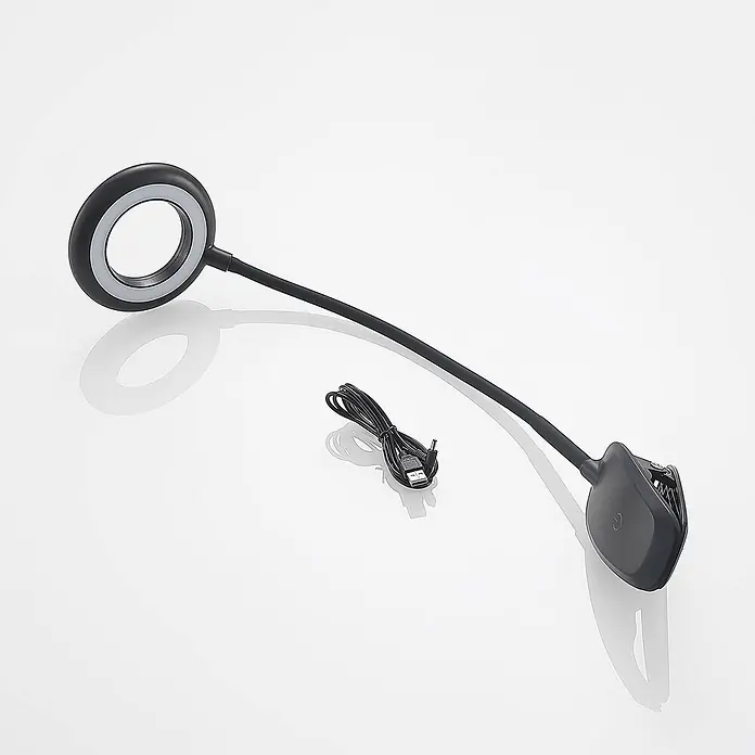 Prios Klemmleuchte Harumi - L x B x H: 14,8 x 11 x 51 cm, Farbe Gehäuse: schwarz - Schwarze LED-Ringlampe mit flexiblem Arm und Klemmfuß, inklusive USB-Ladekabel.