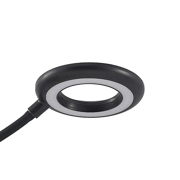Prios Klemmleuchte Harumi - L x B x H: 14,8 x 11 x 51 cm, Farbe Gehäuse: schwarz - Schwarze ringförmige LED-Leuchte mit weißem Diffusor an einem flexiblen Arm.