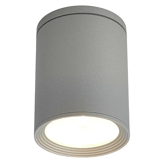 Lucande Außenwand- & Deckenleuchte Minna - alu / grau / zink, alu / grau / zink, IP54 - Zylindrische graue Aufbau-LED-Leuchte mit beleuchtetem Boden und dezenten Innenrillen.