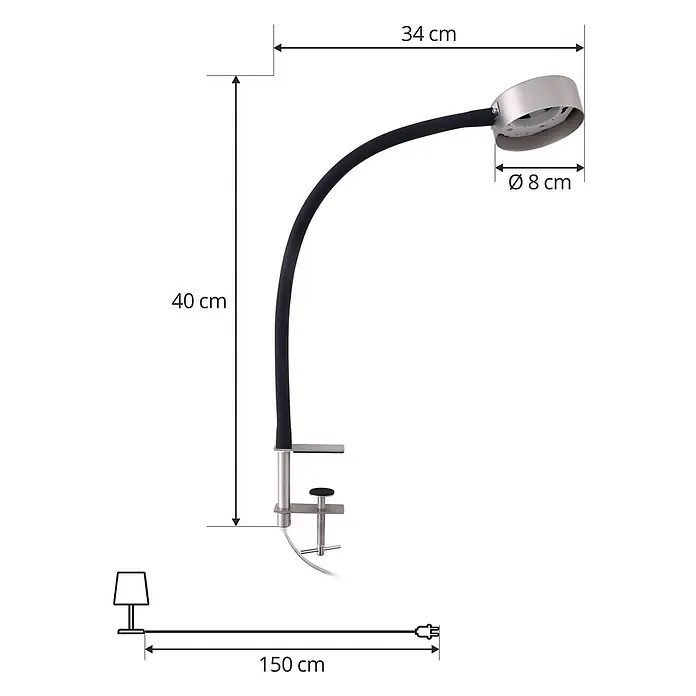 Lindby Klemmleuchte Jyla - L x B x H: 34,2 x 8 x 25 cm, Farbe Gehäuse: alu / grau / zink - Silberne Klemmleuchte mit schwarzem Flexarm (40 cm hoch, 34 cm Reichweite, Ø 8 cm Kopf, 150 cm Kabel).