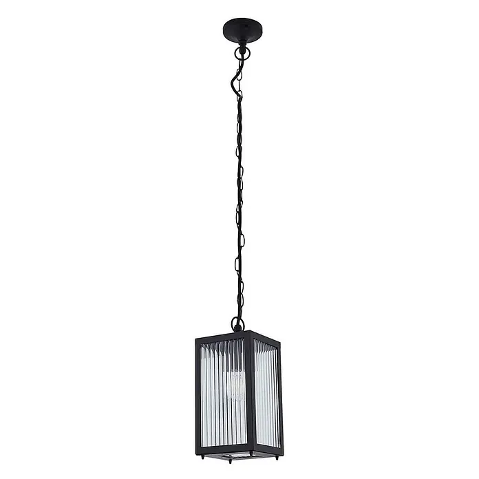 Lindby Außenwand- & Deckenleuchte Bolgar - L x B x H: 14,5 x 14,5 x 26 cm, schwarz, IP44 - Schwarze Pendelleuchte aus Metall mit quadratischem Laternen-Schirm aus klarem Riffelglas, an einer Kette aufgehängt.