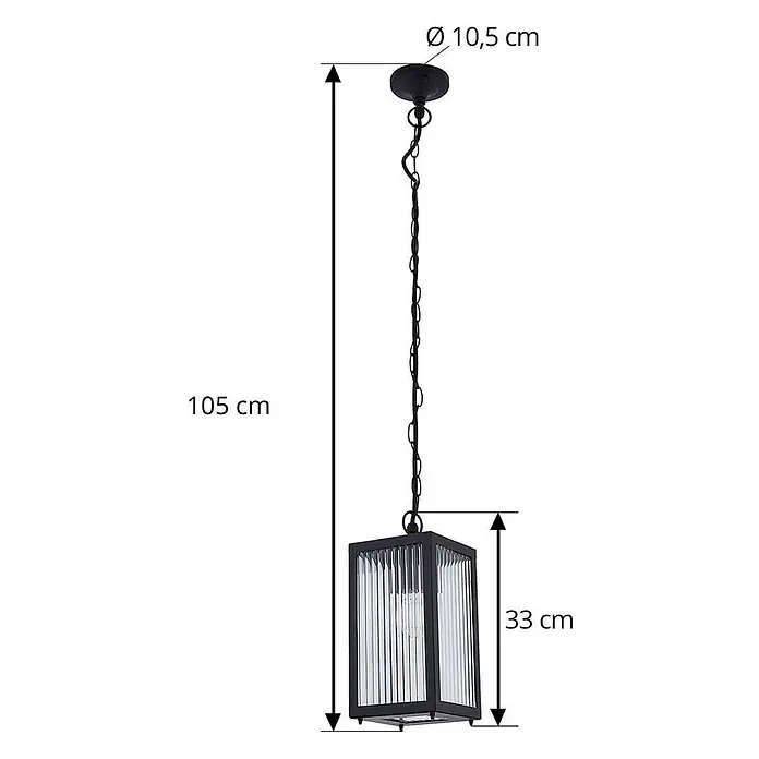 Lindby Außenwand- & Deckenleuchte Bolgar - L x B x H: 14,5 x 14,5 x 26 cm, schwarz, IP44 - Schwarze Pendelleuchte mit geriffelten Glaspaneelen und Kette, Gesamtlänge 105 cm.