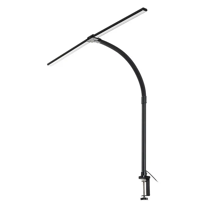 Lindby Klemmleuchte Nilay - L x B x H: 80 x 4 x 97,5 cm, Farbe Gehäuse: schwarz - Schwarze LED-Schreibtischlampe mit linearem Lichtbalken, flexiblem Arm und Klemmfuß.