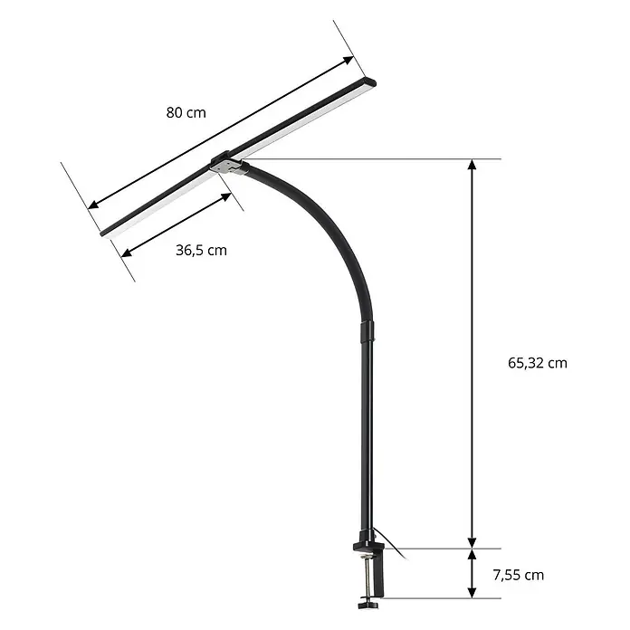 Lindby Klemmleuchte Nilay - L x B x H: 80 x 4 x 97,5 cm, Farbe Gehäuse: schwarz - Schwarze LED-Klemmtischleuchte mit verstellbarem, gebogenem Arm und linearem Kopf, Maße sichtbar.