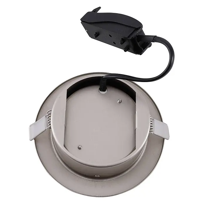 Lindby Einbauleuchte Jyla - alu / grau / zink - Runde, gebürstete Metall-Einbauleuchte von hinten mit Federklemmen und schwarzem Elektroanschluss.