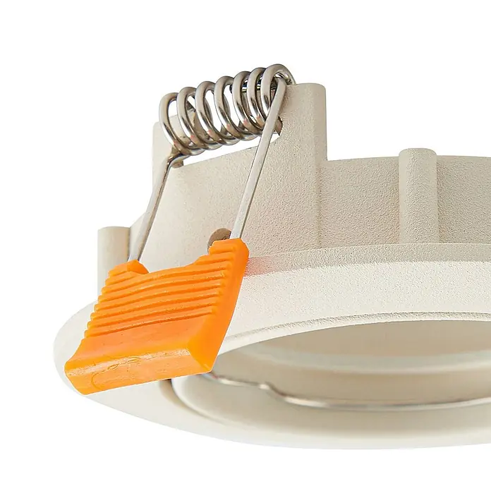Prios Einbauleuchte Fibur - creme / amber - Cremefarbene Einbauleuchte mit silbernen Metallfedern und orangefarbenen Kunststoffgriffen zur Deckenmontage.