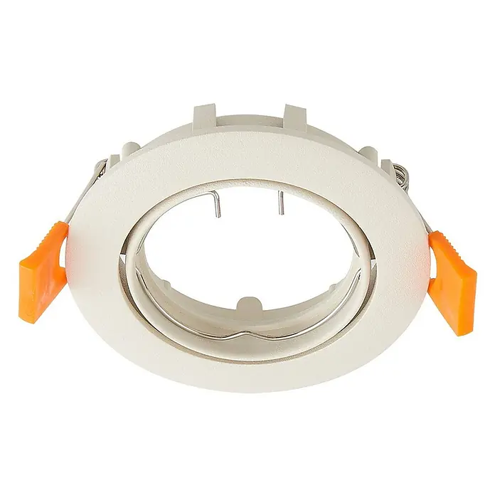 Prios Einbauleuchte Fibur - creme / amber - Cremefarbenes Einbauleuchtengehäuse mit orangefarbenen Befestigungsklammern und Metallfedern.