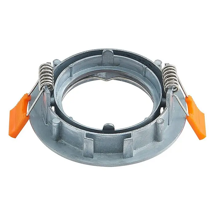 Prios Einbauleuchte Fibur - Ø x H: 8,2 x 2,8 cm, alu / grau / zink - Grauer Metall-Downlight-Befestigungsring mit zwei orangen Federklammern und innerer Glühlampenklammer.