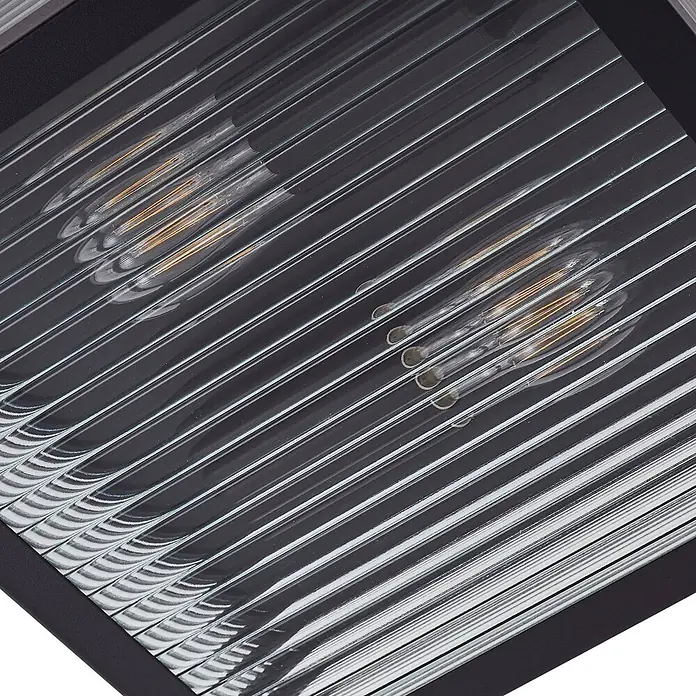 Lindby Außenwand- & Deckenleuchte Bolgar - schwarz, IP44 - Schwarze Leuchte mit geripptem Klarglasdiffusor und sichtbaren Glühfadenlampen.