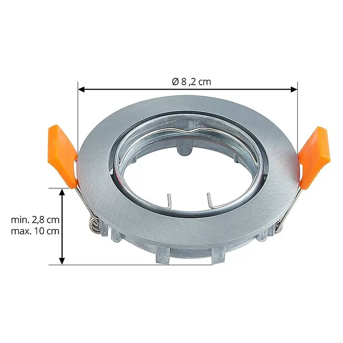 Prios Einbauleuchte Fibur - Ø x H: 8,2 x 2,8 cm, alu / grau / zink - Silbergrauer Einbaustrahlerrahmen mit orangen Federklammern, Ø 8,2cm und Deckenstärken von 2,8-10cm.