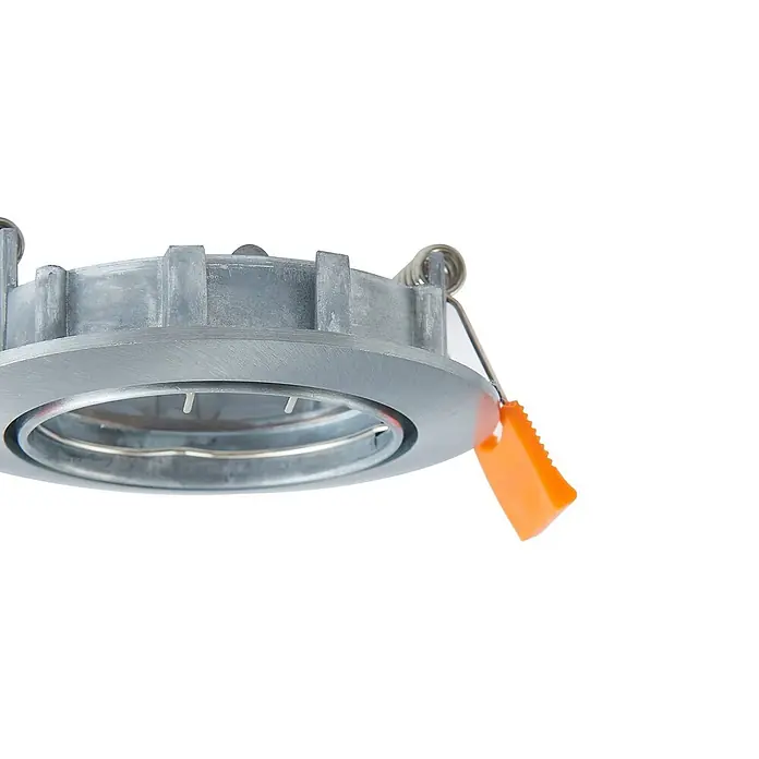 Prios Einbauleuchte Fibur - Ø x H: 8,2 x 2,8 cm, alu / grau / zink - Silberfarbener Einbaustrahler aus Metall mit orangefarbenem Griff und Federbefestigung.