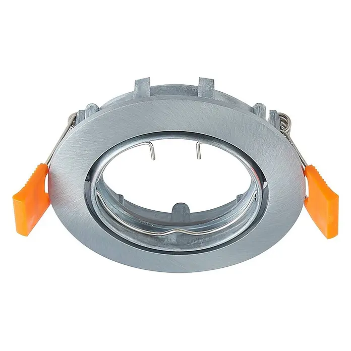 Prios Einbauleuchte Fibur - Ø x H: 8,2 x 2,8 cm, alu / grau / zink - Silbernes, gebürstetes Metallgehäuse für Einbauleuchte mit orangefarbenen Federklemmen und internen Drahtklammern zur Lampenbefestigung.