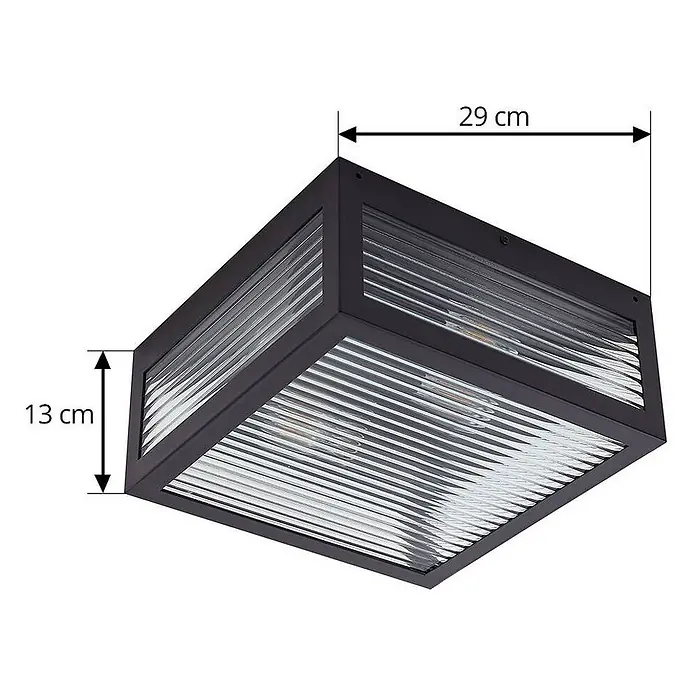 Lindby Außenwand- & Deckenleuchte Bolgar - schwarz, IP44 - Schwarze quadratische Deckenleuchte mit gerippten Klarglasplatten, 29x29x13 cm.