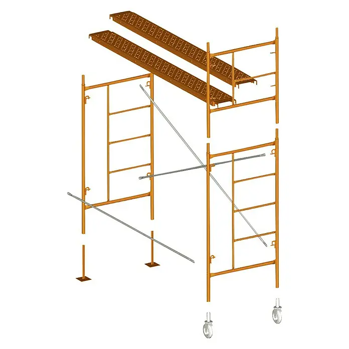 Altrad Marco vertical GS80001.F - An x Al: 100 x 200 cm - Imagen de un andamio desconstruido en tonos naranja y plateados. La construcción parece robusta y versátil.