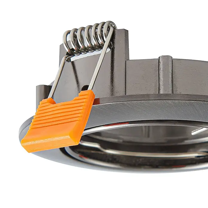 Prios Einbauleuchte Fibur - Ø x H: 8,2 x 2,8 cm, alu / grau / zink - Silberne Einbauleuchte, Federklammern mit orangefarbenen Kunststoffgriffen.