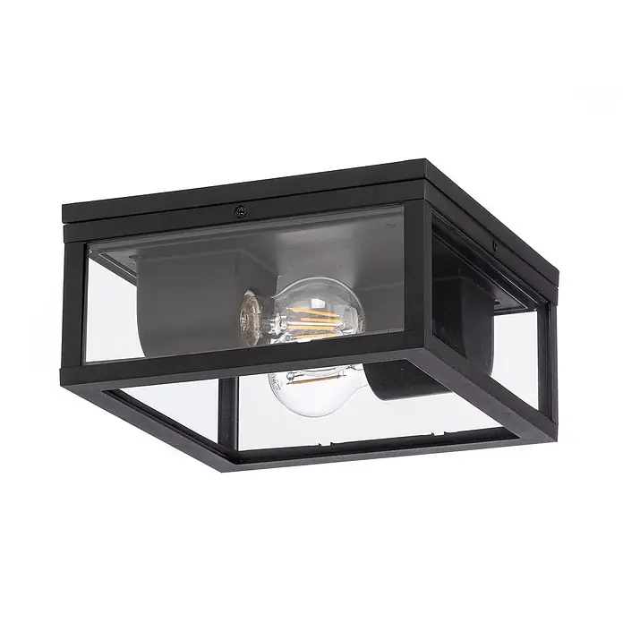 Lindby Außenwand- & Deckenleuchte Kremena - schwarz, klar / transparent, IP44 - Schwarze quadratische Außen-Deckenleuchte mit Klarglas und sichtbarer Filamentbirne.