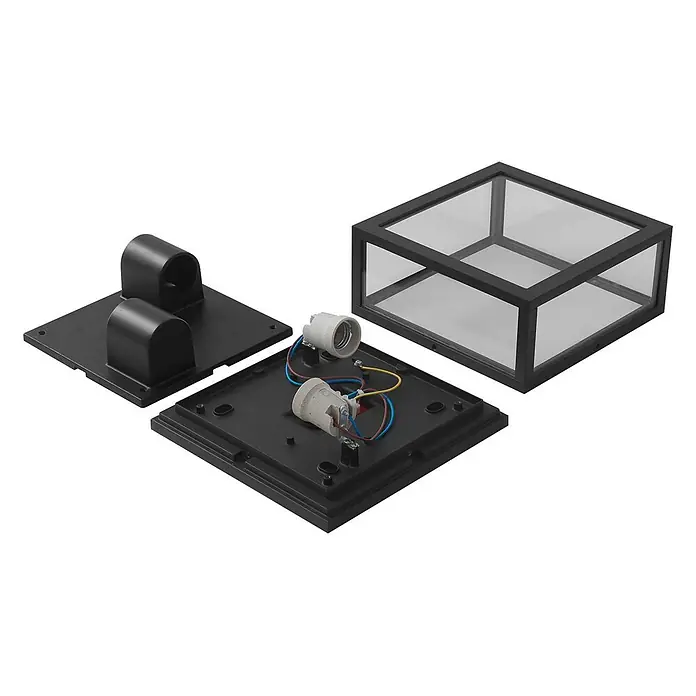 Lindby Außenwand- & Deckenleuchte Kremena - schwarz, klar / transparent, IP44 - Zerlegte schwarze Außenwandleuchte: Glaskorpus, verdrahtete Basis mit zwei Fassungen, Montageplatte.