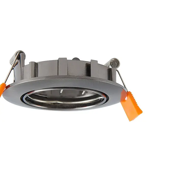 Prios Einbauleuchte Fibur - Ø x H: 8,2 x 2,8 cm, alu / grau / zink - Gebürsteter Metall-Einbaustrahler mit Installationsfedern und orangefarbenen Klemmen.
