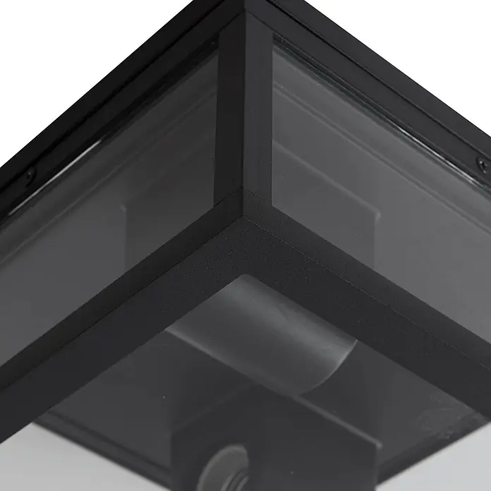 Lindby Außenwand- & Deckenleuchte Kremena - schwarz, klar / transparent, IP44 - Schwarze Außenleuchte mit texturiertem Metallrahmen und klaren Glasplatten. Zeigt internes Leuchtmittelgehäuse.