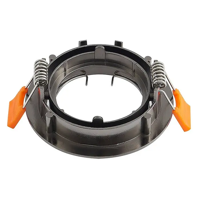 Prios Einbauleuchte Fibur - Ø x H: 8,2 x 2,8 cm, alu / grau / zink - Dunkelgrauer Metall-Einbaurahmen für Downlights mit Federklammern und orangefarbenen Laschen zur Montage.