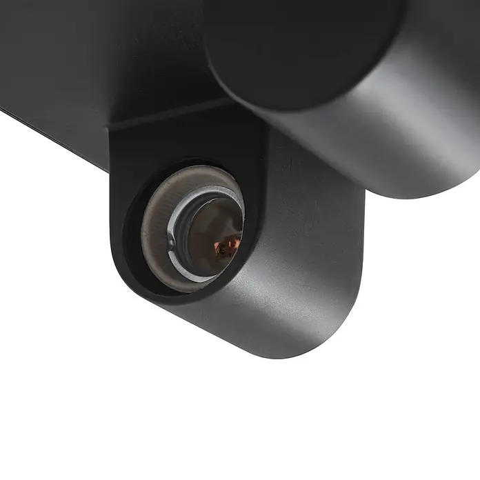 Lindby Außenwand- & Deckenleuchte Kremena - schwarz, klar / transparent, IP44 - Nahaufnahme einer schwarzen Stromschienenleuchte mit leerer Glühbirnenfassung.