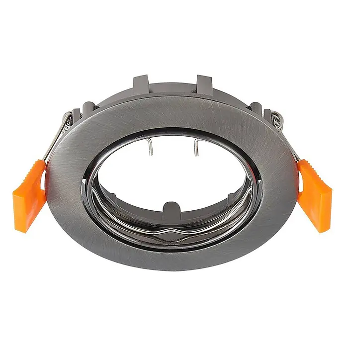 Prios Einbauleuchte Fibur - Ø x H: 8,2 x 2,8 cm, alu / grau / zink - Gebürsteter Metall-grauer Einbaustrahlerrahmen mit orangefarbenen Montageclips.