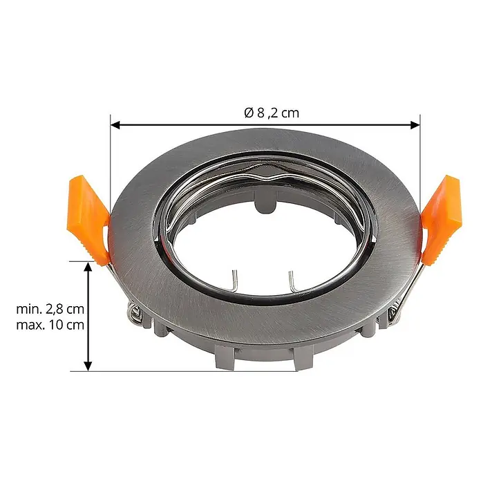 Prios Einbauleuchte Fibur - Ø x H: 8,2 x 2,8 cm, alu / grau / zink - Runder Einbaustrahlerrahmen, gebürstetes Grau mit orangen Clips. Ø 8,2 cm, Einbautiefe 2,8-10 cm.