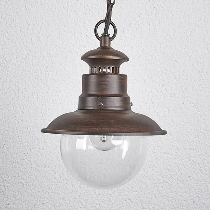 Lindby Außenwand- & Deckenleuchte Eddie - braun / rost, IP44 - Hängende Laterne aus brünierter Bronze mit klarer Glaskugel.
