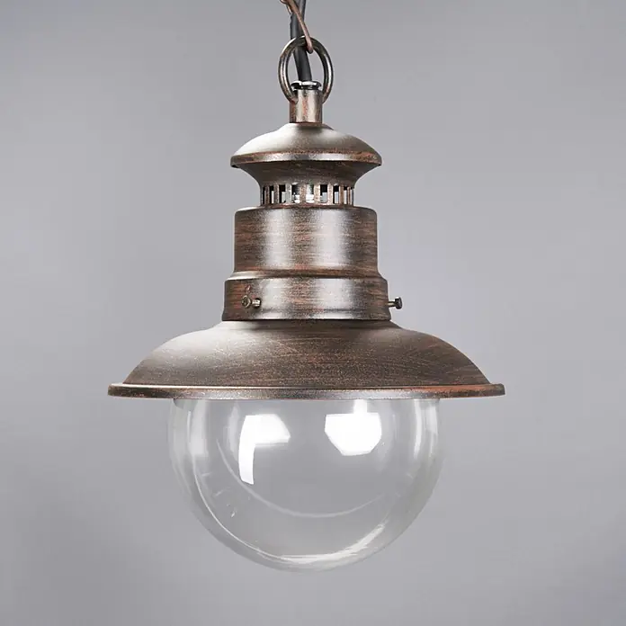 Lindby Außenwand- & Deckenleuchte Eddie - braun / rost, IP44 - Bronze-farbene Pendelleuchte im Antik-Look mit klarer Glaskugel.