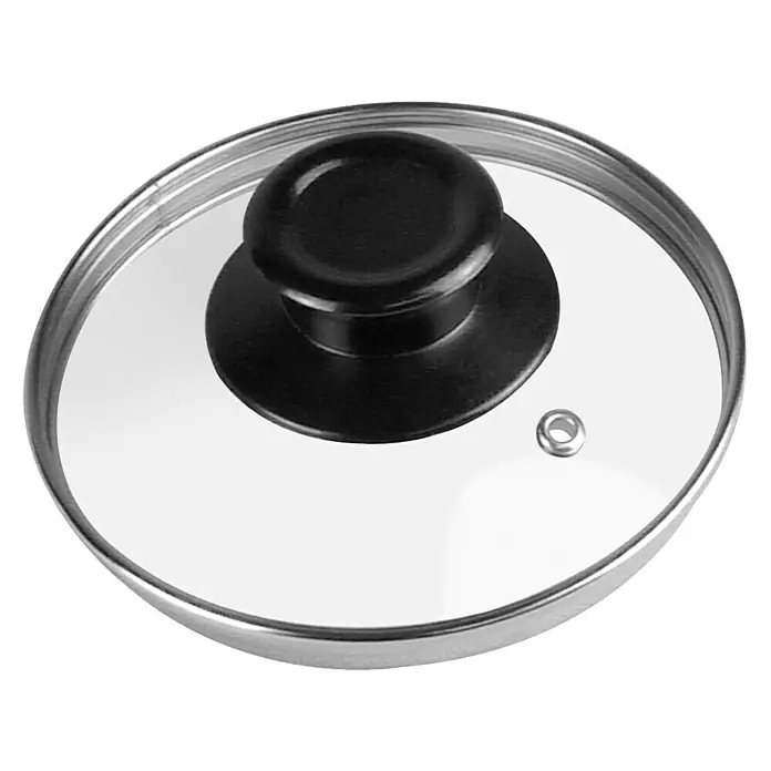 Remundi Deckel - Durchmesser: 15 cm - Nahaufnahme eines Kochtopfdeckels aus Glas mit schwarzem Griff und silberfarbenem Rand.