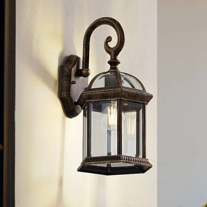 Lindby Außenwandleuchte Adelisa - bronze / altmessing, bronze / altmessing, IP44 - Wandleuchte aus antikem Messing mit Klarglas.