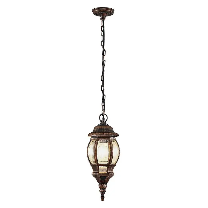 Lindby Außenwand- & Deckenleuchte Nadesha - L x B x H: 16,5 x 16,5 x 38,5 cm, messing / gold, messing / gold, IP44 - Eine antike bronzene Hängelaterne mit Kettenaufhängung und Klarglasscheiben.