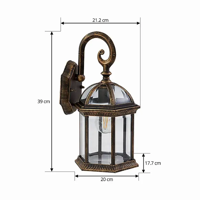 Lindby Außenwandleuchte Adelisa - bronze / altmessing, bronze / altmessing, IP44 - Wandlaterne für den Außenbereich aus antikem Bronze mit Klarglas und dekorativem Schnörkelarm.