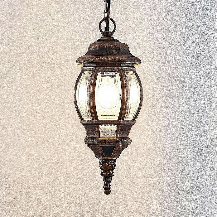 Lindby Außenwand- & Deckenleuchte Nadesha - L x B x H: 16,5 x 16,5 x 38,5 cm, messing / gold, messing / gold, IP44 - Vintage-Hängeleuchte aus gealterter Bronze mit Klarglas, leuchtet mit Glühbirne.