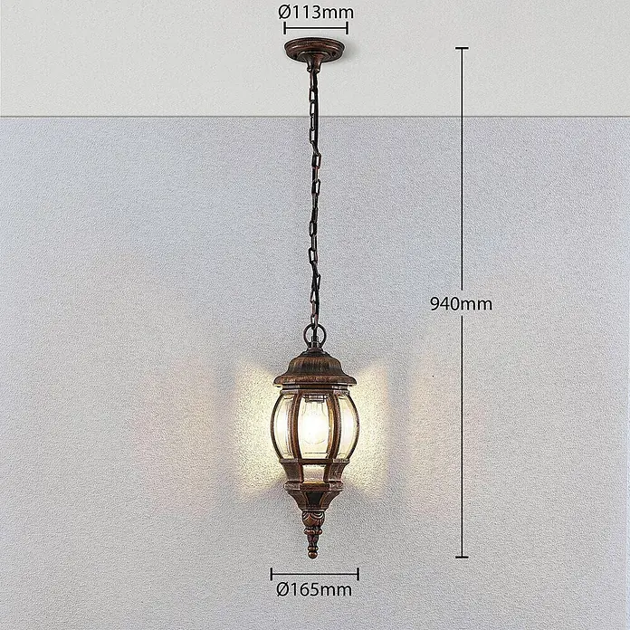 Lindby Außenwand- & Deckenleuchte Nadesha - L x B x H: 16,5 x 16,5 x 38,5 cm, messing / gold, messing / gold, IP44 - Hängeleuchte in Antik-Bronze mit Glaspaneelen, 940mm hoch, 165mm Durchmesser. Klassisches Laternen-Design.