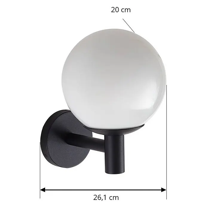 Lindby Außenwandleuchte Dangan - weiß / opal, IP44 - Schwarze Wandleuchte mit weißem, kugelförmigem Glasschirm.
