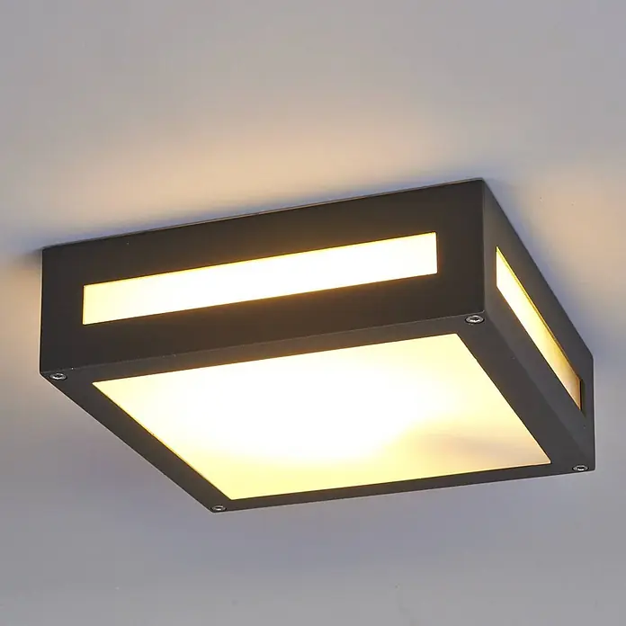 Lucande Außenwand- & Deckenleuchte Nerea - schwarz, schwarz, IP54 - Moderne quadratische dunkelgraue Deckenleuchte mit beleuchteter Unterseite und seitlichen Schlitzen.