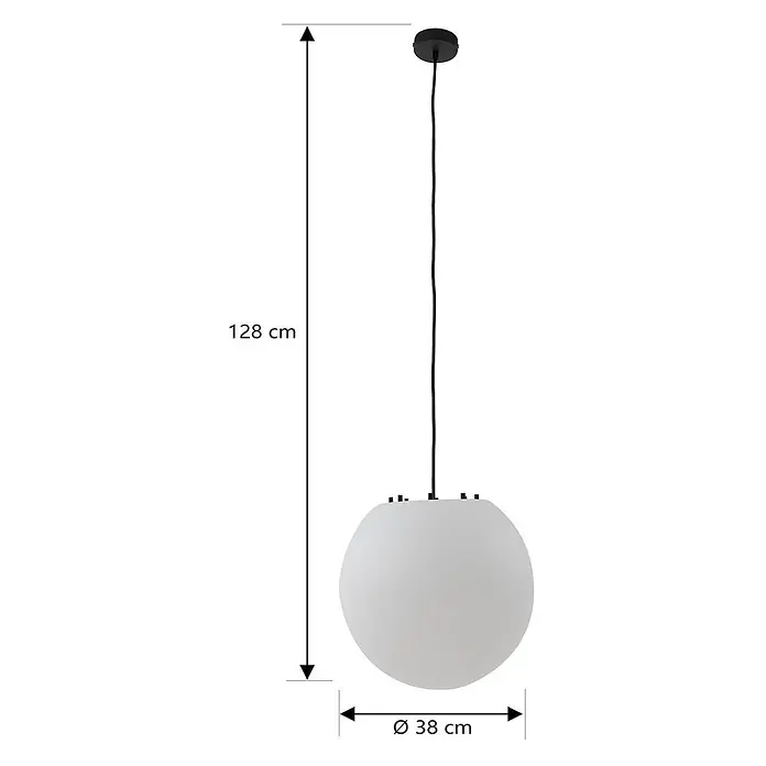 Lindby Außenwand- & Deckenleuchte Alea - weiß / opal, IP44 - Weiße kugelförmige Pendelleuchte mit schwarzem Kabel, 128 cm hoch, 38 cm Schirmdurchmesser.