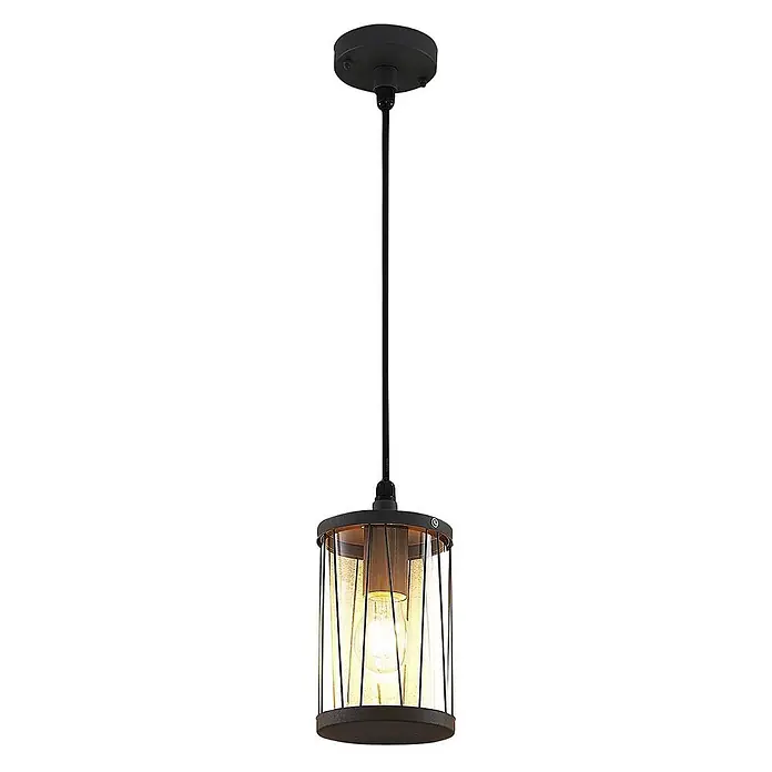 Lindby Außenwand- & Deckenleuchte Yonan - schwarz, schwarz, IP44 - Schwarze Hängelampe aus Metall und strukturiertem Klarglas mit sichtbarer Glühbirne.